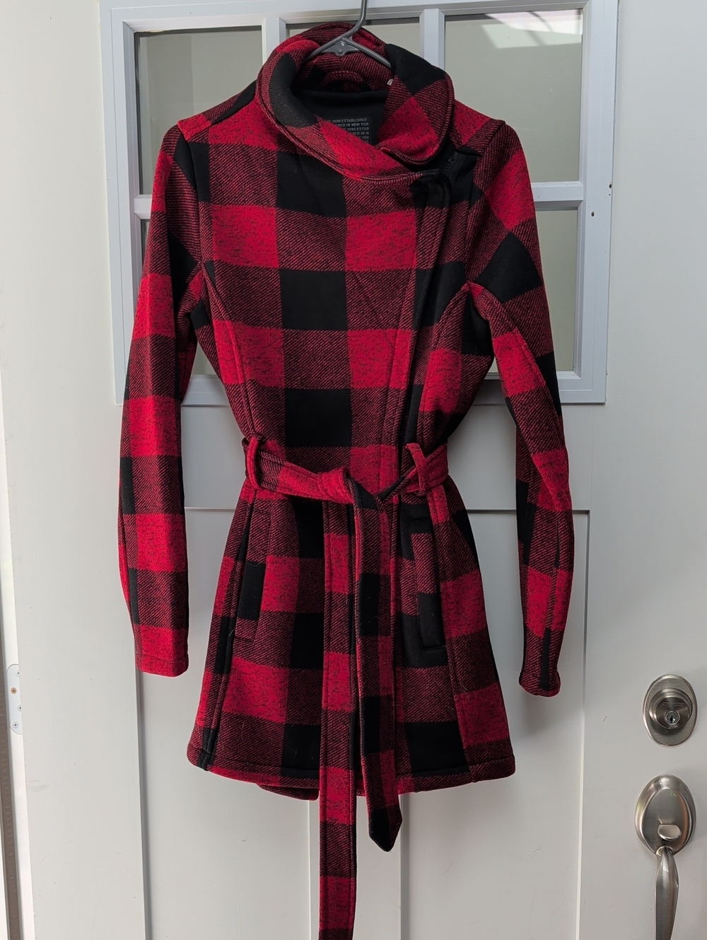Steve Madden Women’s Red and Black Plaid Belted Dress Coat